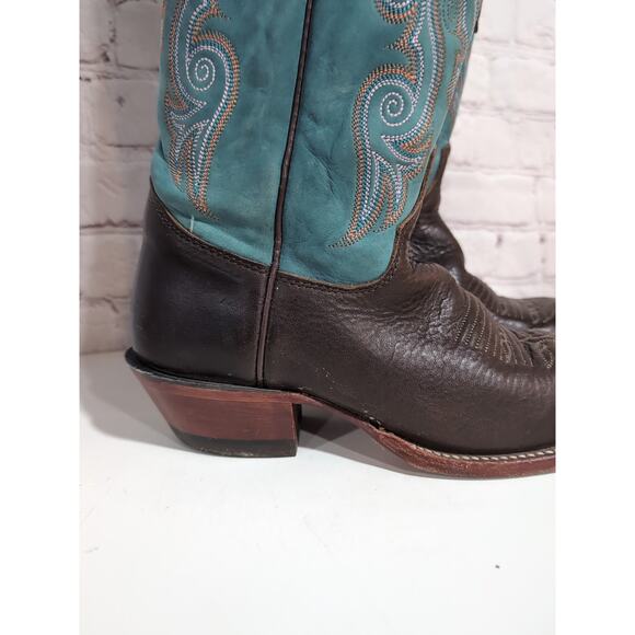 Justin Boots Style L2696 Brown And Teal Leather Cowgirl Western Women Size 6.5 - Picture 4 of 16